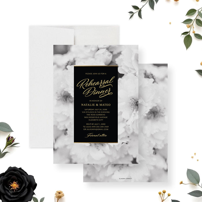 floral rehearsal dinner invitation elegant black wedding event card-front-back