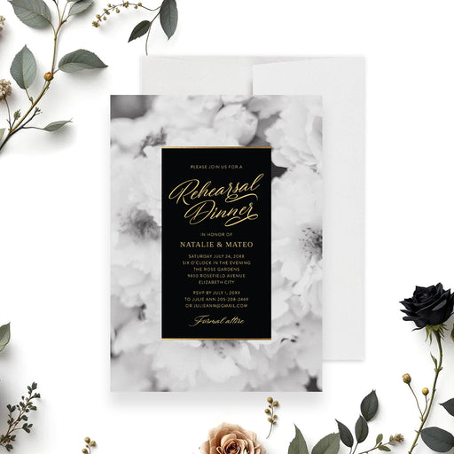 floral rehearsal dinner invitation elegant black wedding event card-front