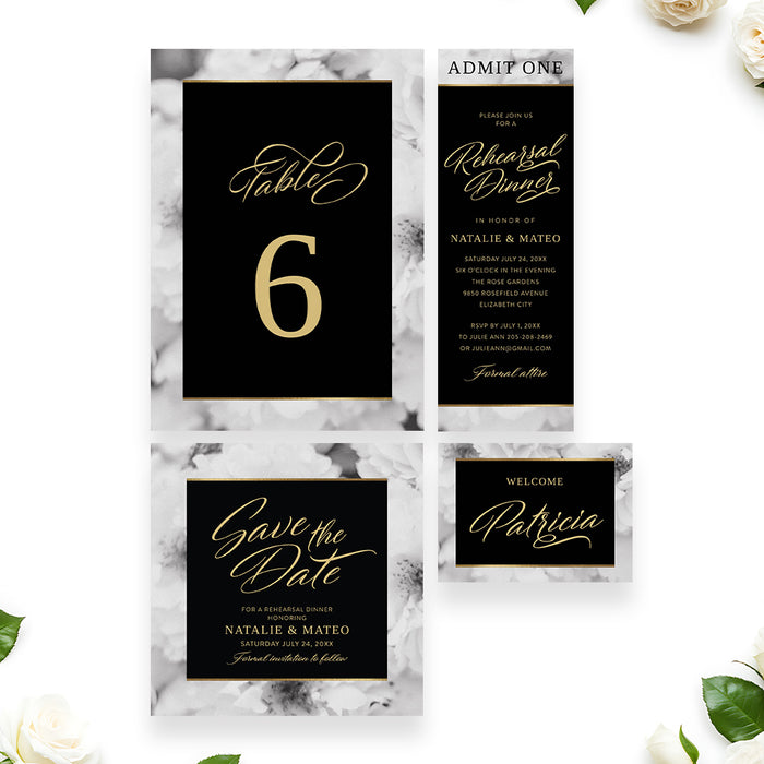 Floral Rehearsal Dinner Invitation Elegant Black Wedding Event Invite