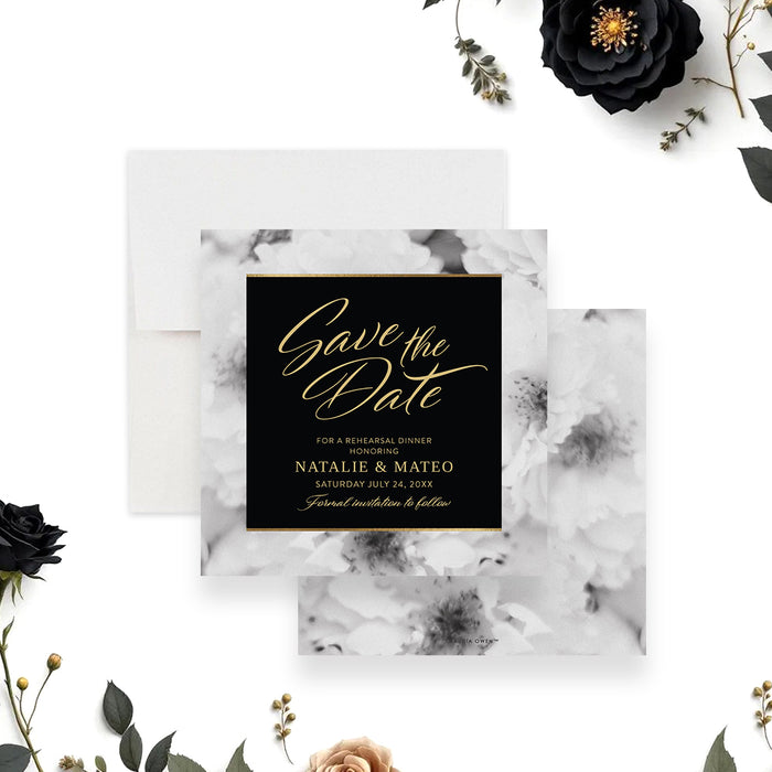 rehearsal dinner save the date card black floral wedding event-front-back