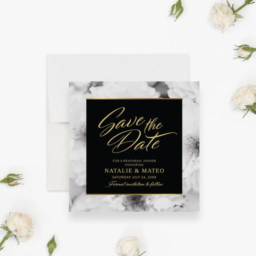 rehearsal dinner save the date card black floral wedding event-front