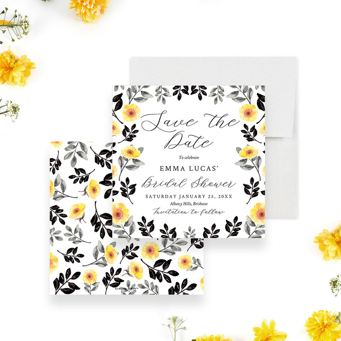 Floral Bridal Shower Save the Date Card with Yellow Flowers, Spring Bridal Shower Brunch Save the Dates