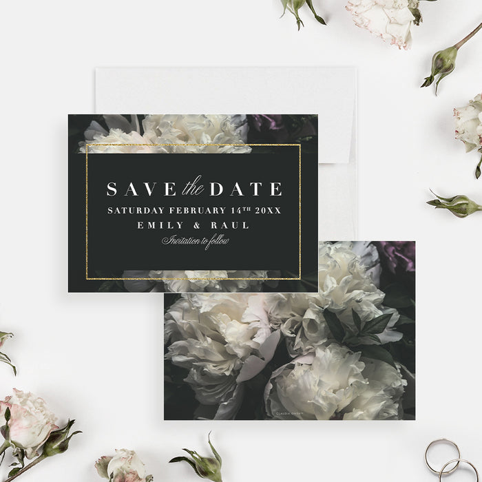 White Carnation Wedding Save the Date Card, Floral Save the Dates for Wedding Anniversary Party with White Flowers
