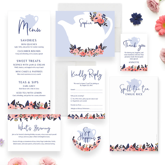 Floral Tea Party Birthday Invitation Teapot Afternoon Tea Invite