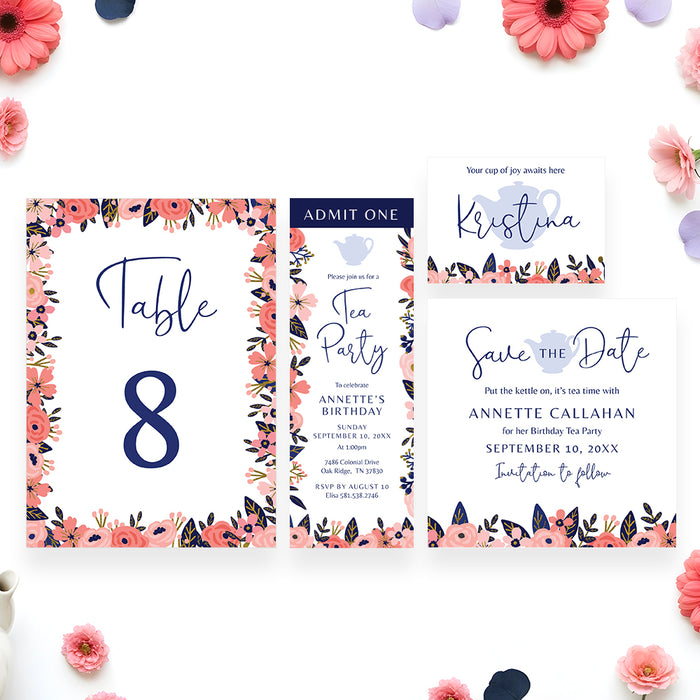 Floral Tea Party Birthday Invitation Teapot Afternoon Tea Invite