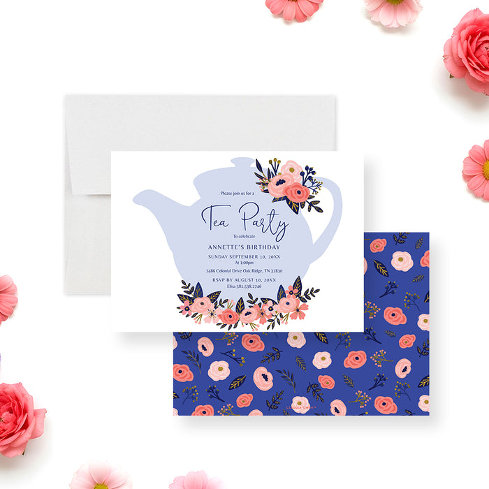 Floral tea party birthday invitation with teapot illustration and pink flowers for an elegant afternoon tea celebration.-front-back