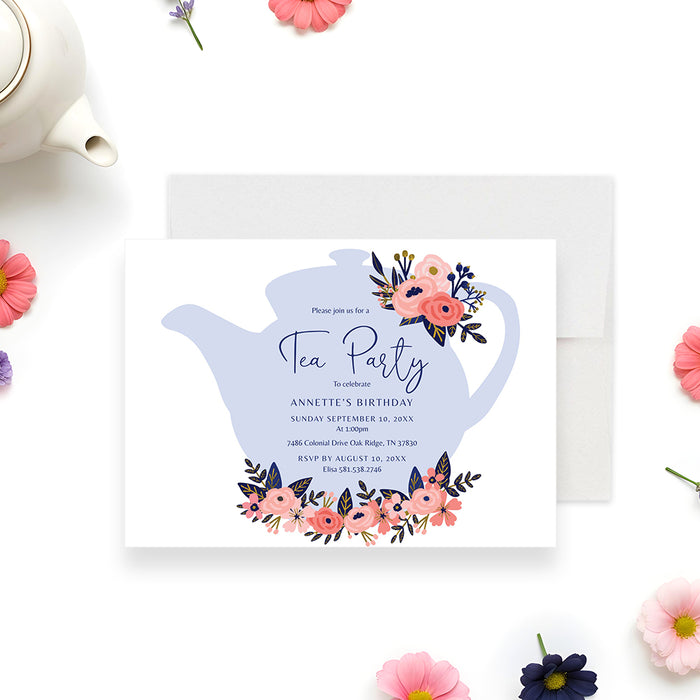 Floral tea party birthday invitation with teapot illustration and pink flowers for an elegant afternoon tea celebration.-front