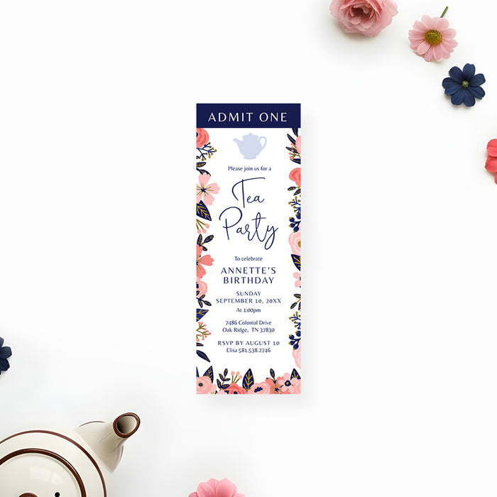 Floral tea party ticket invitation featuring a teapot illustration for a birthday tea party or garden celebration.