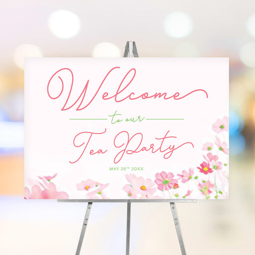 floral tea party welcome sign featuring pink watercolor flowers, elegant script lettering, and customizable event details.