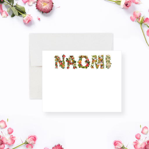 Custom floral note card with a name illustrated in colorful flower-filled letters. A spring-themed personalized stationery card with elegant botanical style.-front