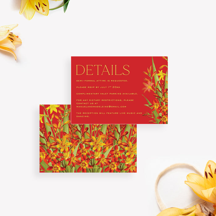 Floral Wedding Invitation Card with Lily Flower Illustrations, Flowery Summer Wedding Invites with Lilies on Rich Red Background Color