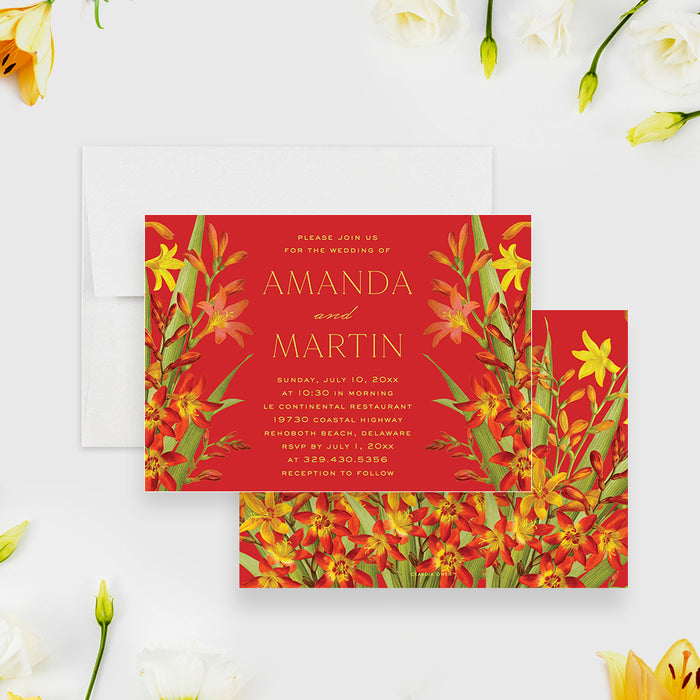 Floral Wedding Invitation Card with Lily Flower Illustrations, Flowery Summer Wedding Invites with Lilies on Rich Red Background Color