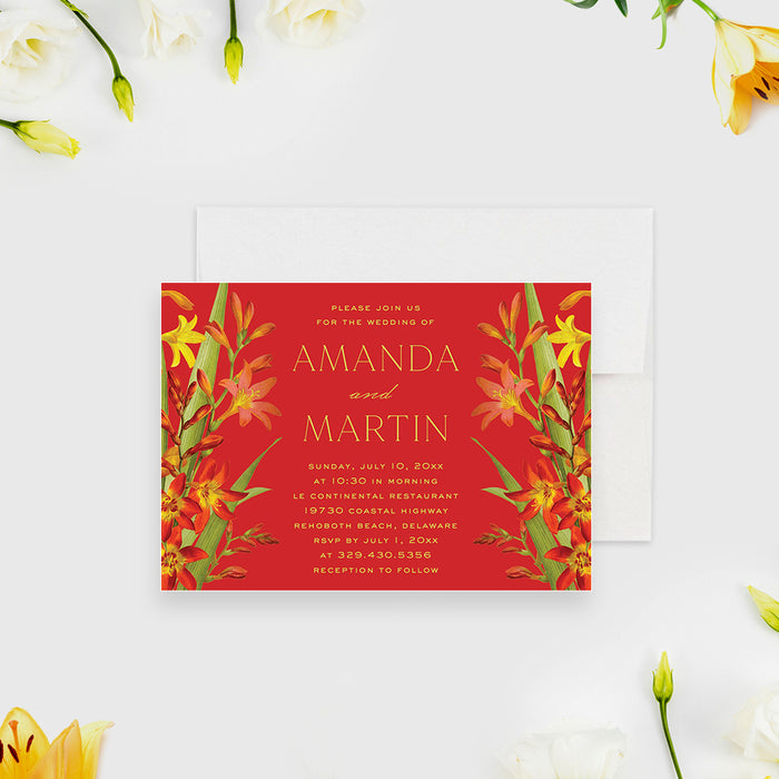 Floral Wedding Invitation Card with Lily Flower Illustrations, Flowery Summer Wedding Invites with Lilies on Rich Red Background Color