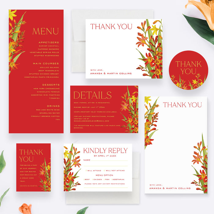 Floral Wedding Invitation Card with Lily Flower Illustrations, Flowery Summer Wedding Invites with Lilies on Rich Red Background Color