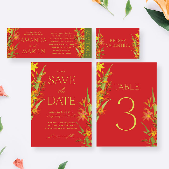 Floral Wedding Invitation Card with Lily Flower Illustrations, Flowery Summer Wedding Invites with Lilies on Rich Red Background Color