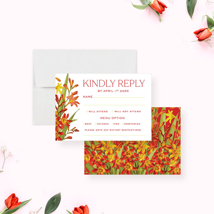 Floral Wedding Invitation Card with Lily Flower Illustrations, Flowery Summer Wedding Invites with Lilies on Rich Red Background Color