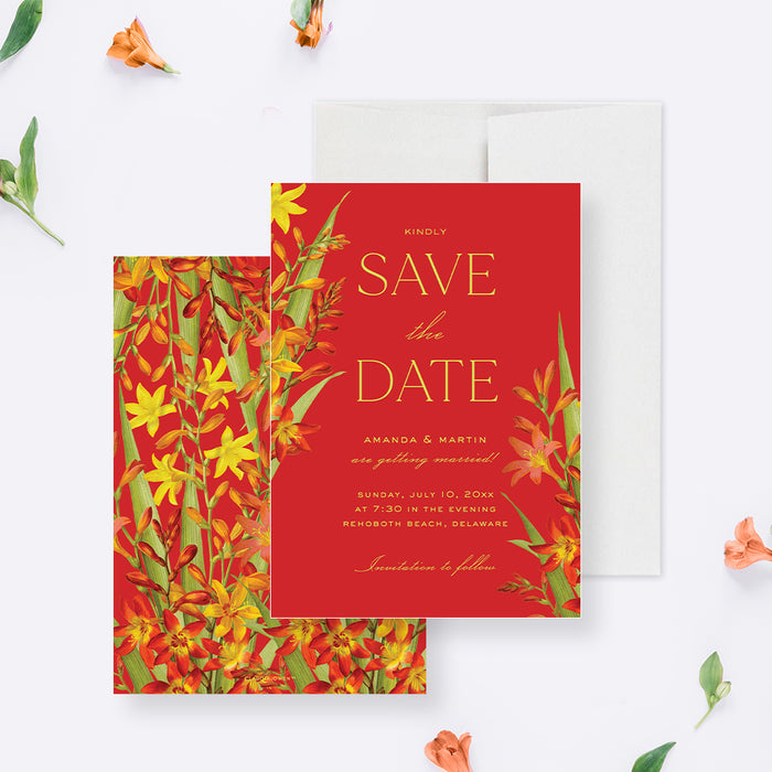 Wedding Save the Date Card with Lily Flower Illustrations, Flowery Wedding Save the Dates with Lilies on Rich Red Background