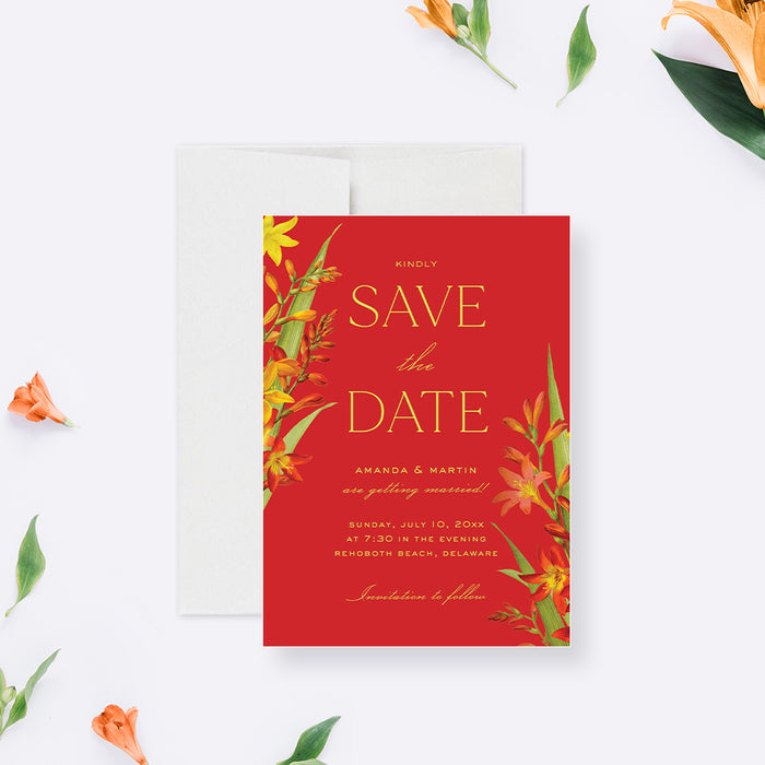 Wedding Save the Date Card with Lily Flower Illustrations, Flowery Wedding Save the Dates with Lilies on Rich Red Background