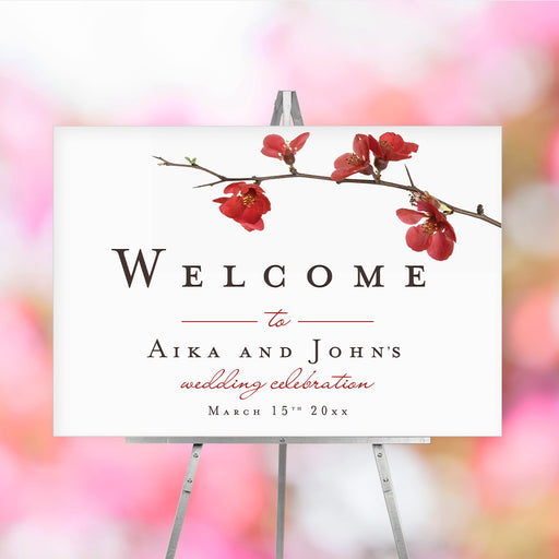 Floral cherry blossom wedding welcome sign with red blossoms and customizable event details, ideal for spring weddings or receptions.