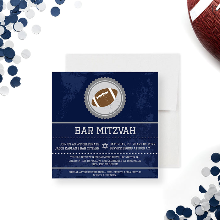 blue football bar mitzvah invitation with sports theme design and modern layout for celebration-front