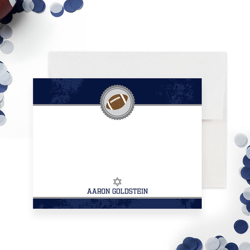 Football themed thank you card in navy blue with Star of David, personalized note card for bar mitzvah or sports event-front