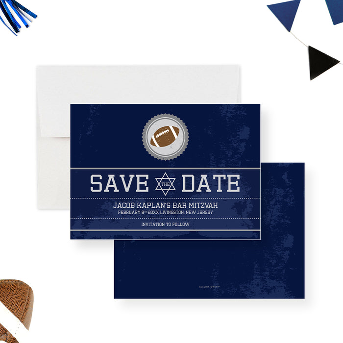 Navy blue football save the date card with a brown football icon and a Star of David for a Bar Mitzvah sports-themed celebration-front-back