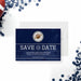 Navy blue football save the date card with a brown football icon and a Star of David for a Bar Mitzvah sports-themed celebration-front