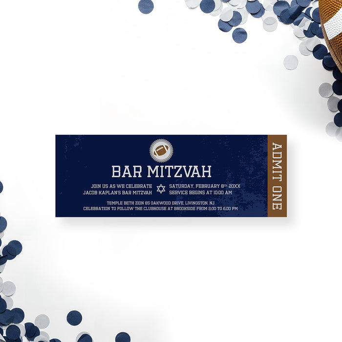 Football ticket invitation with navy blue design and Star of David, personalized admit one party ticket for bar mitzvah or sports event