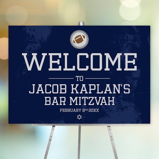 Football bar mitzvah welcome sign in navy blue with Star of David, personalized event entrance poster for sports themed celebration