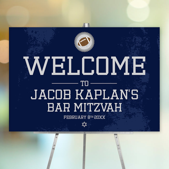 Football bar mitzvah welcome sign in navy blue with Star of David, personalized event entrance poster for sports themed celebration