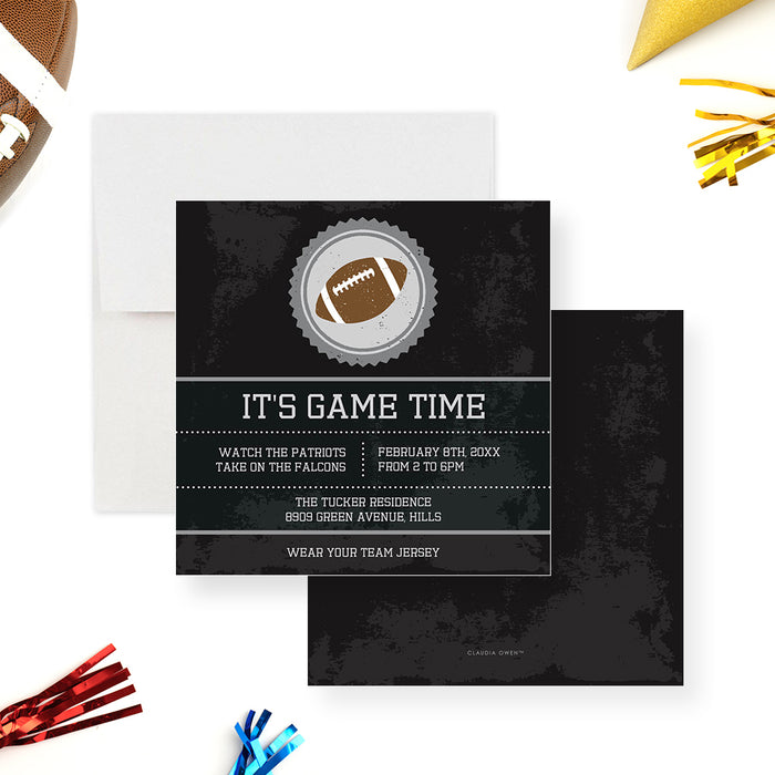 Party invitation featuring a football illustration on a dark rugged background-front-back