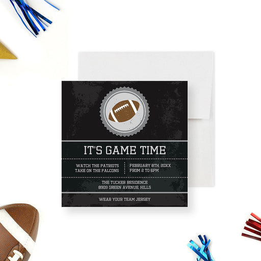 Party invitation featuring a football illustration on a dark rugged background-front
