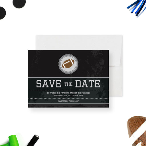 American football themed save the date card featuring a classic football illustration-front