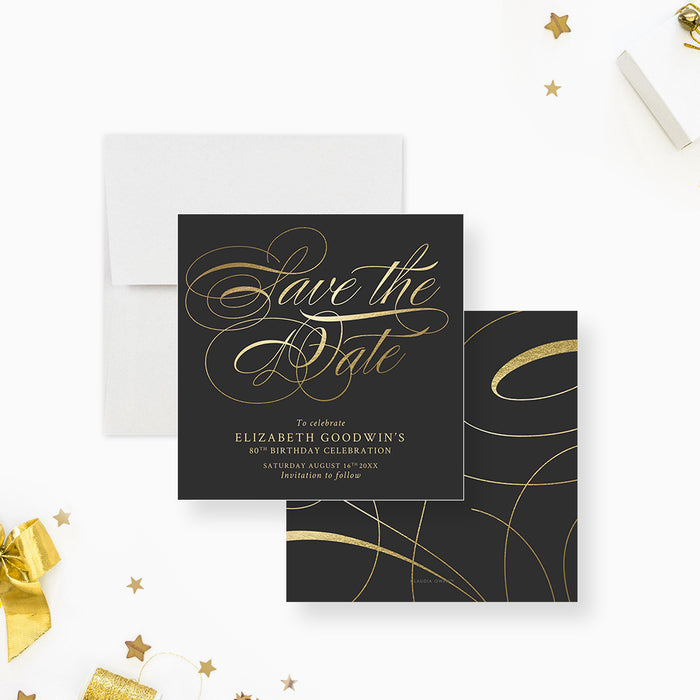 Forever Young birthday save the date card with elegant gold-style script lettering and dark gray background-front-back