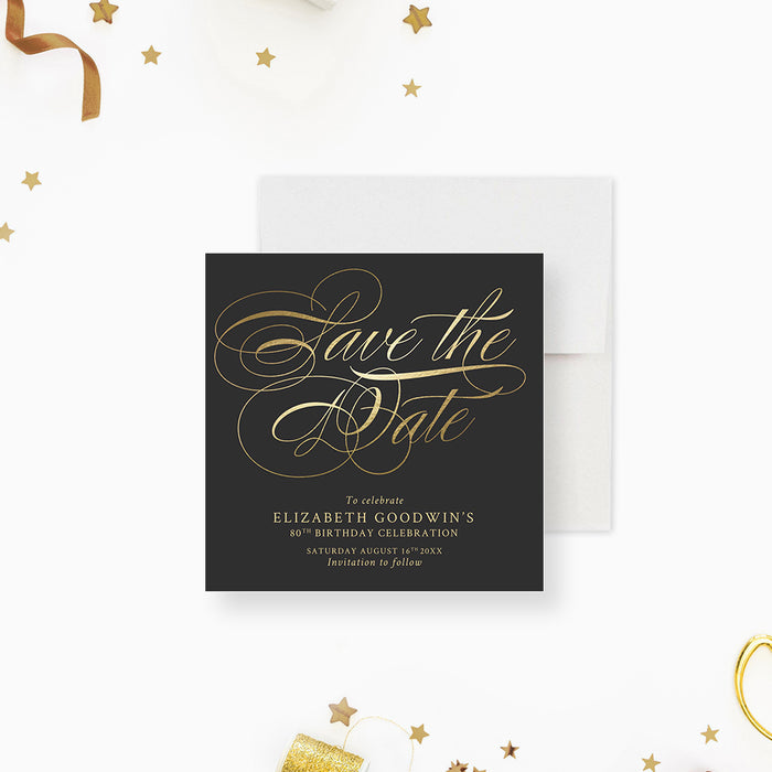Forever Young birthday save the date card with elegant gold-style script lettering and dark gray background-front