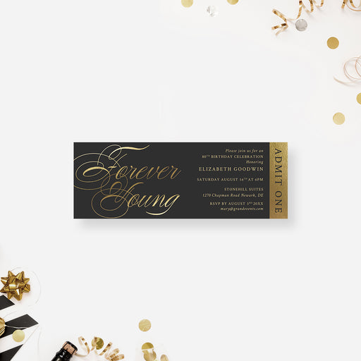 Forever Young birthday ticket invitation with elegant gold-style script lettering and dark gray background