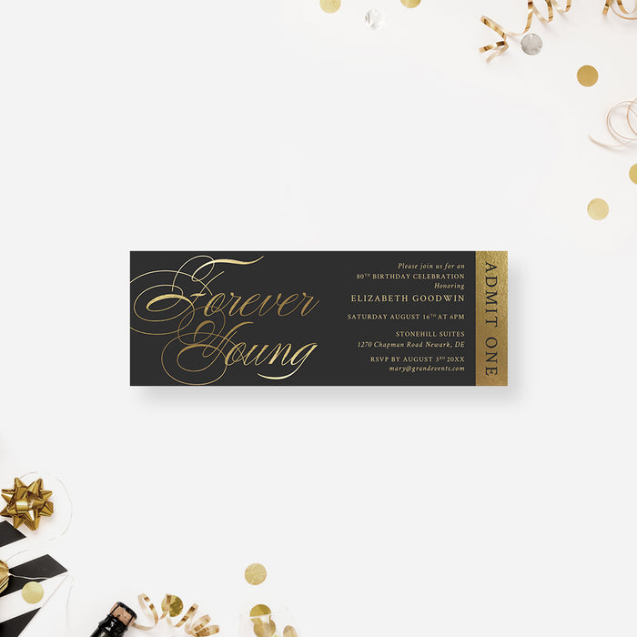 Forever Young birthday ticket invitation with elegant gold-style script lettering and dark gray background