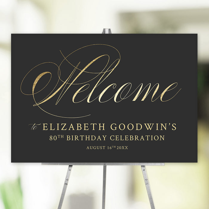 Elegant black and gold scripted welcome sign personalized with name, age, and event date, displayed on an easel for milestone birthdays or special occasions.