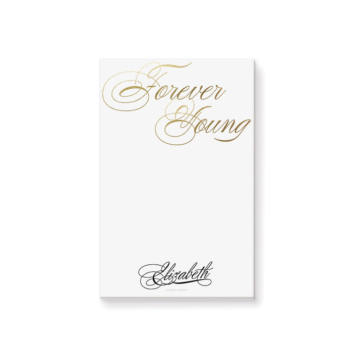 personalized Forever Young birthday notepad with elegant gold-style script lettering and custom name