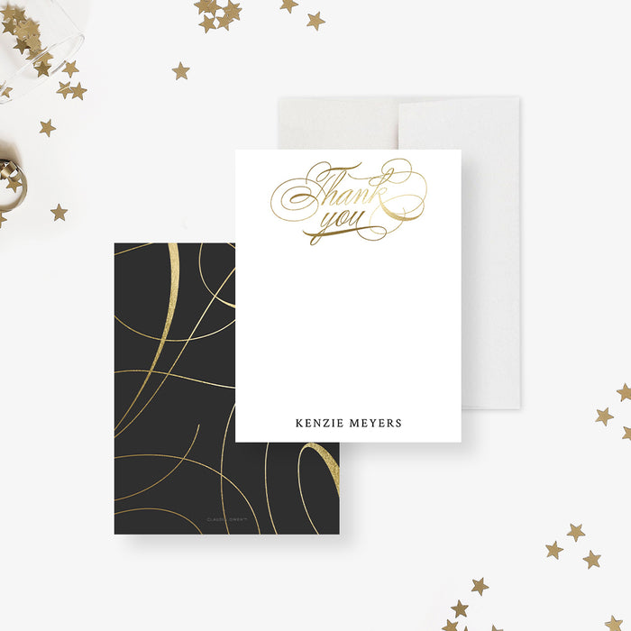 Forever Young thank you card with elegant gold-style script lettering and personalized name for a milestone birthday celebration-front-back