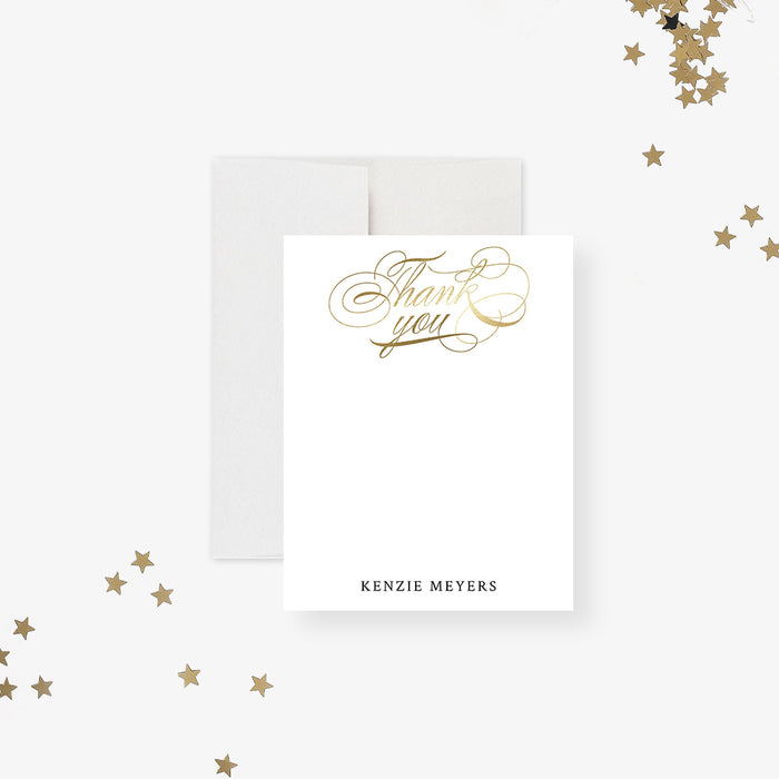 Forever Young thank you card with elegant gold-style script lettering and personalized name for a milestone birthday celebration-front