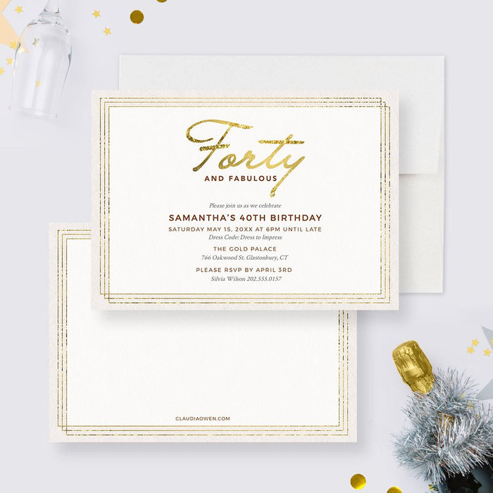 Forty and Fabulous birthday invitation front and coordinating white back with gold colored details.