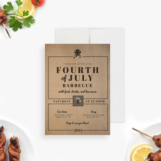 Rustic Fourth of July BBQ invitation with brown paper style design and grill illustration-front