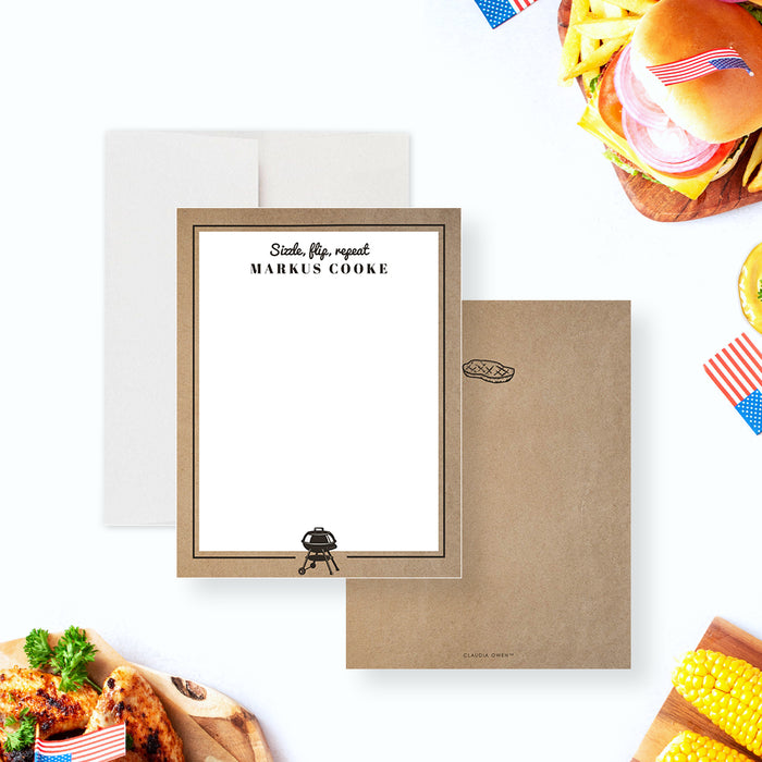 Rustic grill-themed personalized note card with a brown paper border and a grilling design-front-back