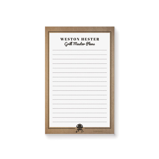 A personalized notepad titled "Grill Master Plans" with a rustic brown border and a small grill icon at the bottom.