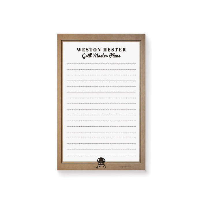 A personalized notepad titled "Grill Master Plans" with a rustic brown border and a small grill icon at the bottom.