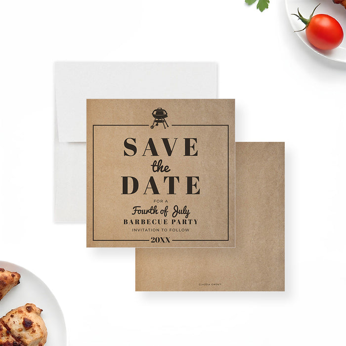 Fourth of July save the date card featuring a rustic brown-paper-inspired design with a grill icon-front-back