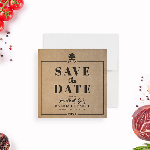 Fourth of July save the date card featuring a rustic brown-paper-inspired design with a grill icon-front