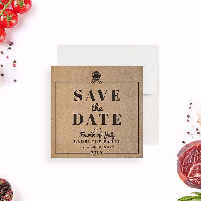 Fourth of July save the date card featuring a rustic brown-paper-inspired design with a grill icon-front