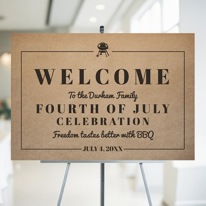 Rustic welcome sign for a Fourth of July celebration featuring a grill icon and the text "Freedom tastes better with BBQ."